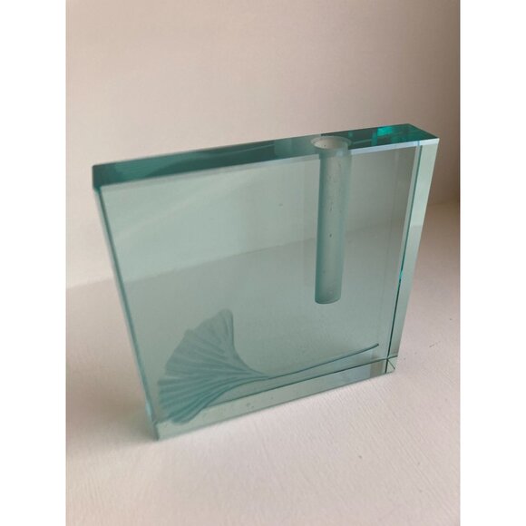 Stephen Schlanser Crystal Glass Etched Ginkgo Leaf 5” Ikebana Vase Signed 1999 - Picture 3 of 14
